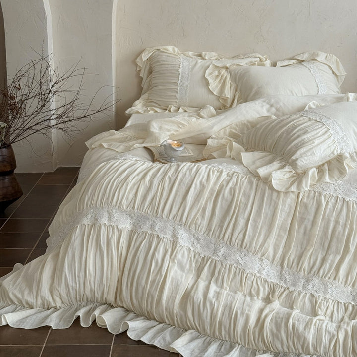 Washed Linen-Blend Gathered Duvet Cover Set with Floral Lace Band
