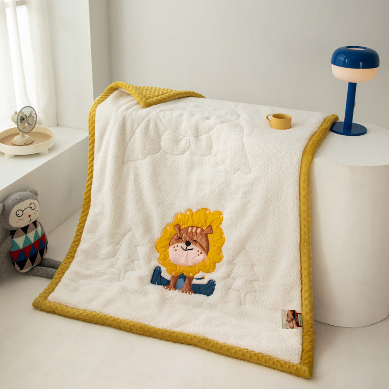 Plush Sherpa Blanket with Embroidered Lion Applique