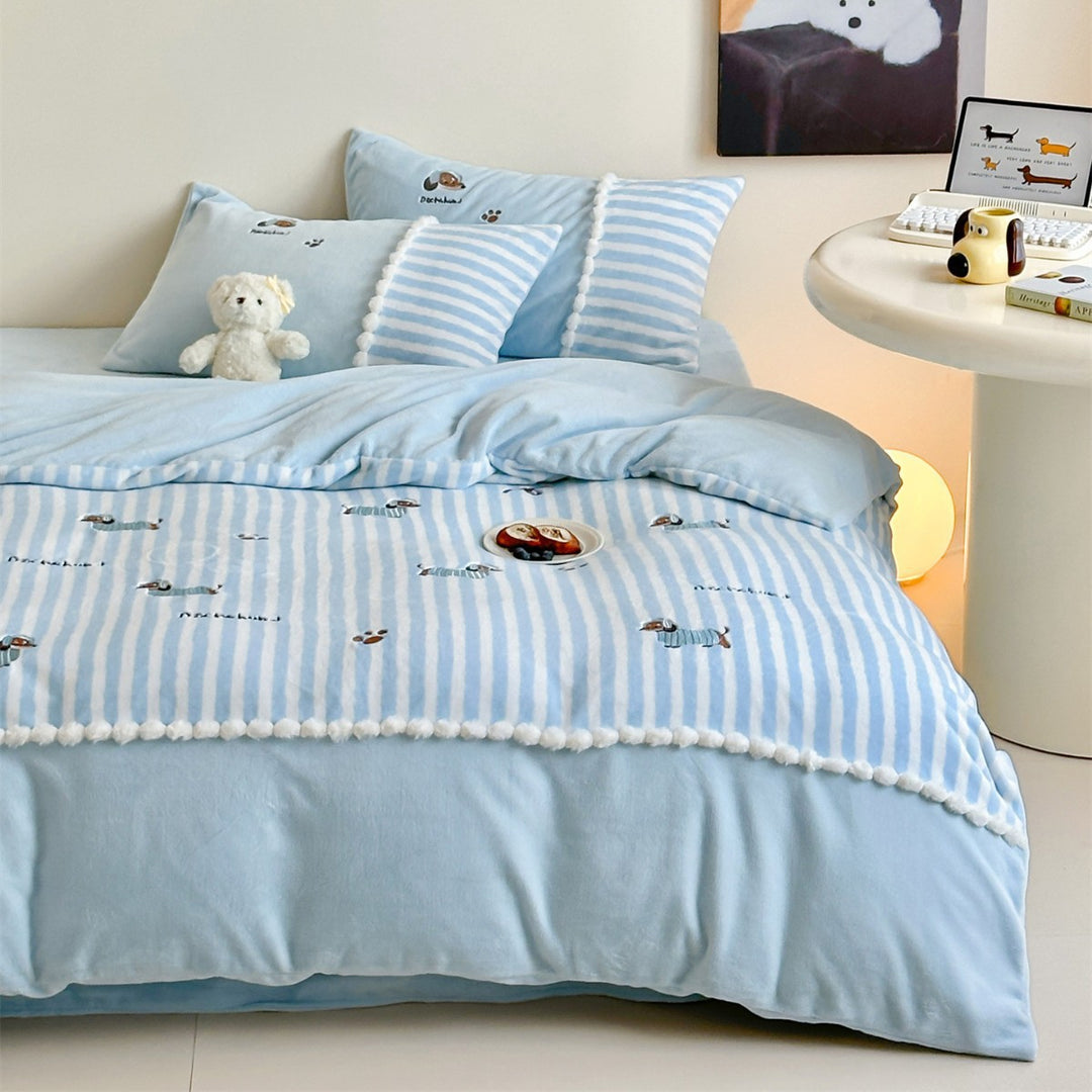 Embroidered Striped Cotton Flannel Duvet Cover Set with Pom-Pom Edge