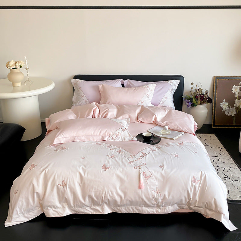 Butterfly-Embroidered Satin-Feel Cotton Sateen Duvet Cover Set with Decorative Shams