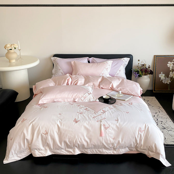 Butterfly-Embroidered Satin-Feel Cotton Sateen Duvet Cover Set with Decorative Shams