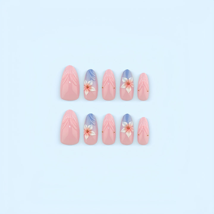 Artificial nails with floral designs and elegant color gradient Stornfield