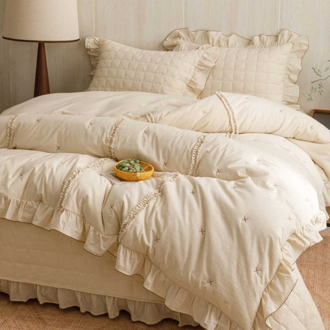 Quilted Ruffled Linen-Blend Duvet Cover Set with Bedskirt and Pillow Shams