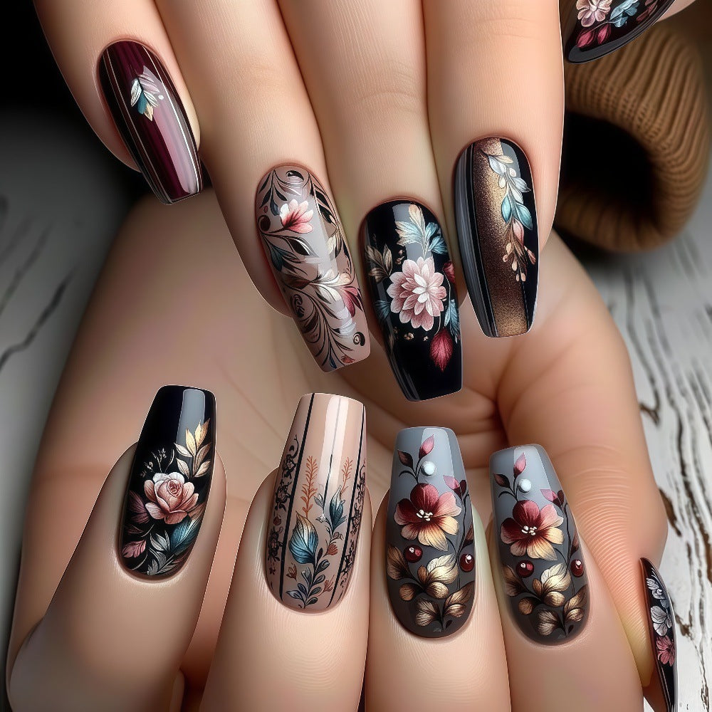 Artificial nails with floral design and luxurious finish Stornfield