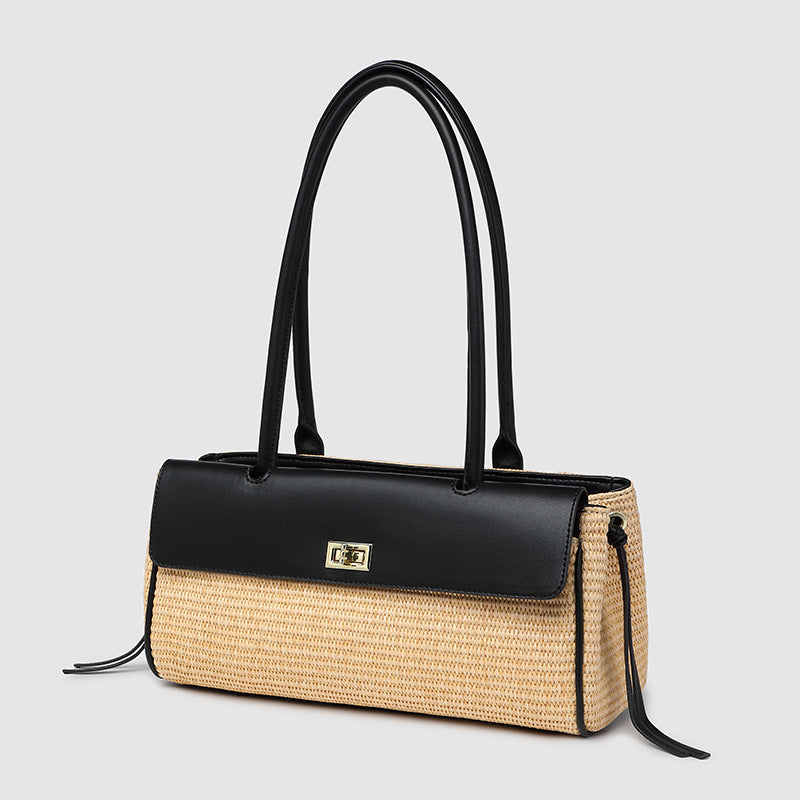 Stylish Straw and Leather Handbag