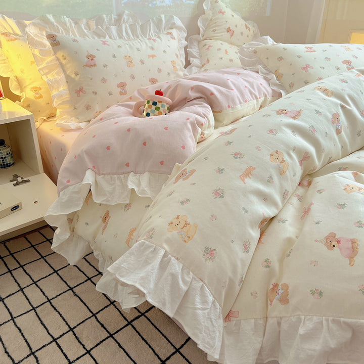 Ruffled Frilled Cotton Cartoon Animal Duvet Cover & Pillow Sham Set