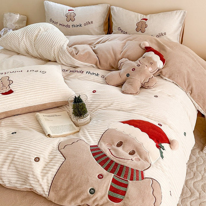 Cozy winter bedding set with embroidered gingerbread motif and velvety structure