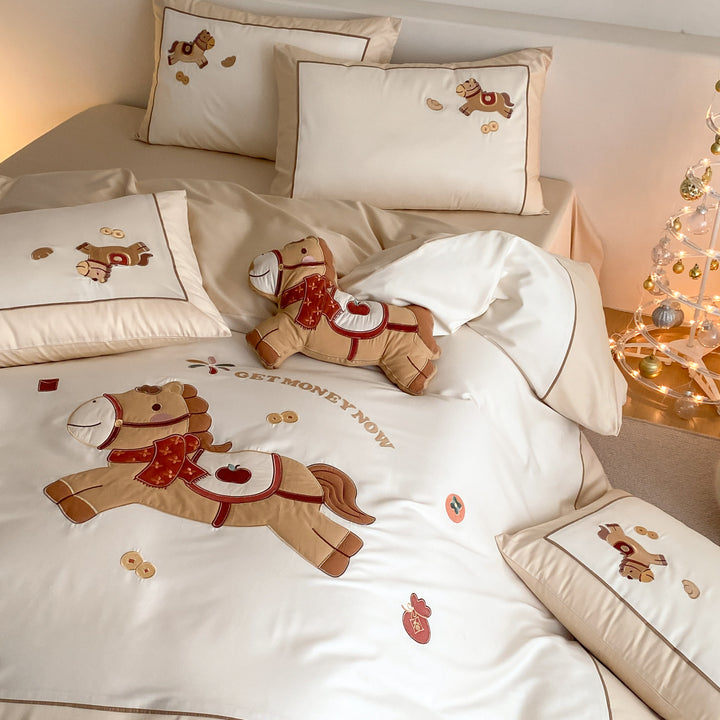 Horse Motif Cotton Sateen Duvet Cover Set with Embroidered Appliqué Pillow Shams