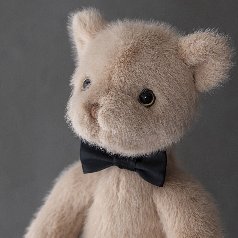 Handcrafted Plush Teddy Bear with Linen Dress and Embroidered Features