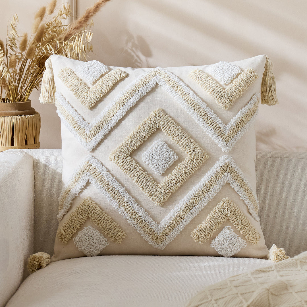 Tufted Geometric Boho Square Throw Pillow Cover with Corner Tassels and Hidden Zipper