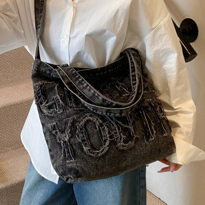 Distressed Denim Graphic Tote Bag