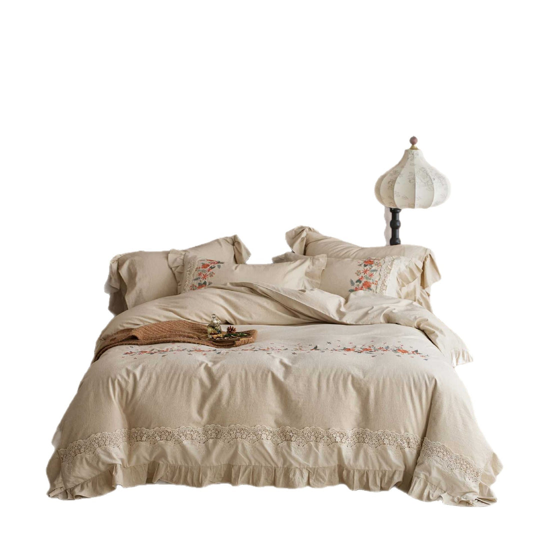 Embroidered Floral Ruffled Cotton Duvet Cover Set