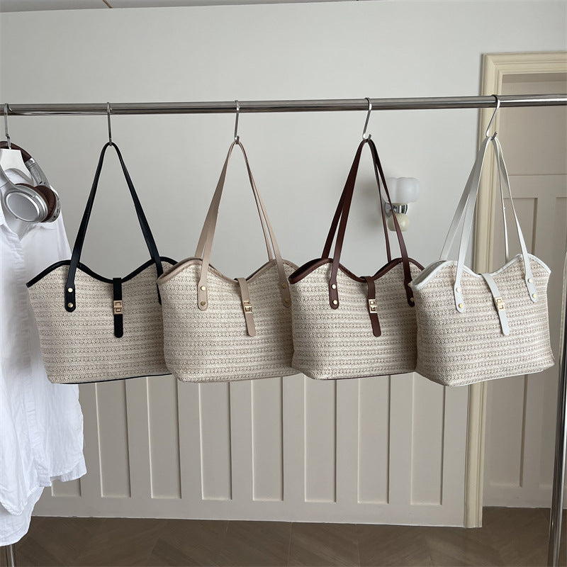 Woven Straw Tote Bag with Leather Accents