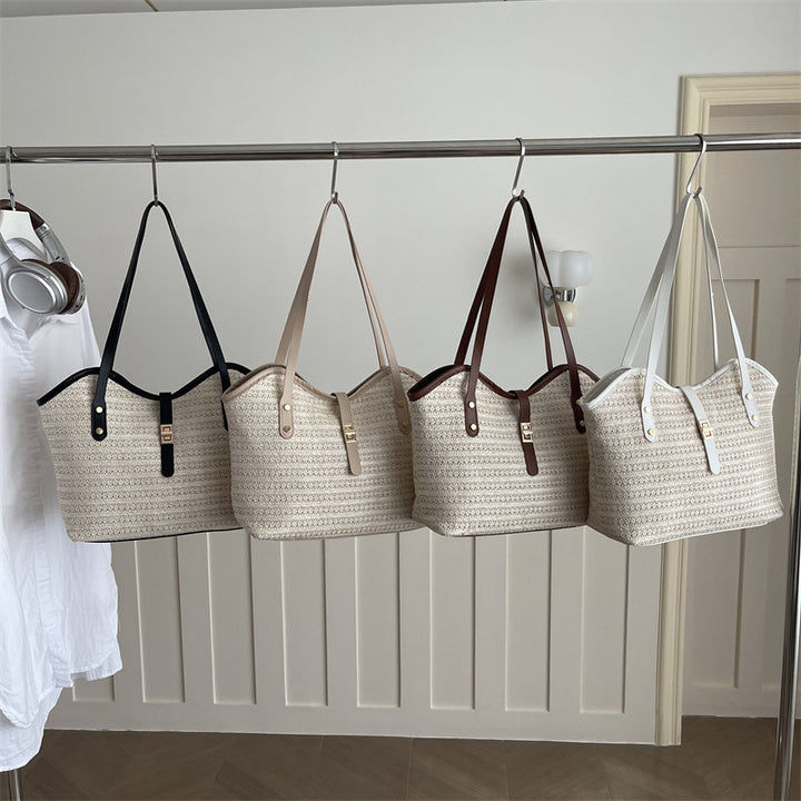 Woven Straw Tote Bag with Leather Accents