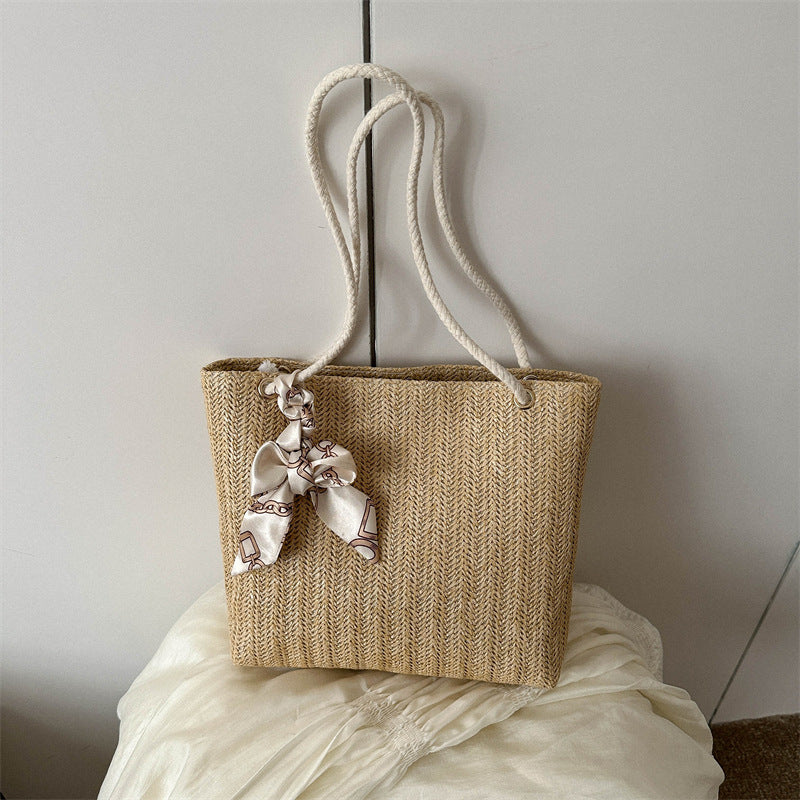 Woven Straw Tote Bag with Decorative Scarf