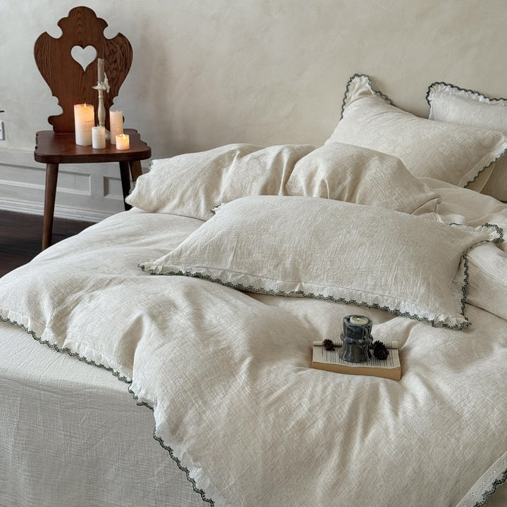 Washed Linen Duvet Cover Set with Scalloped Crochet Trim and Frayed-Edge Pillow Shams