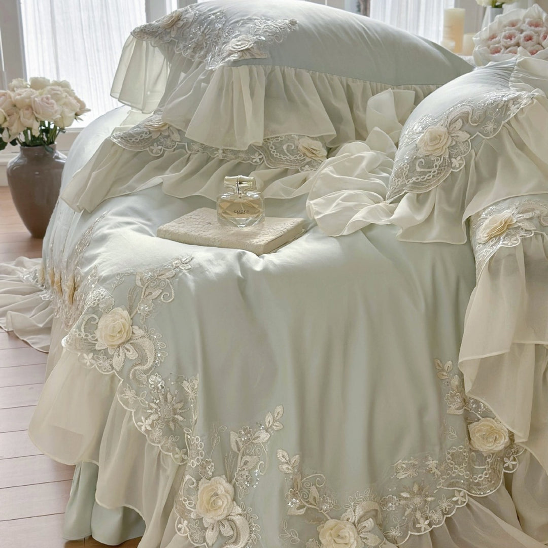 Luxurious embroidered bedding set with ruffles and lace