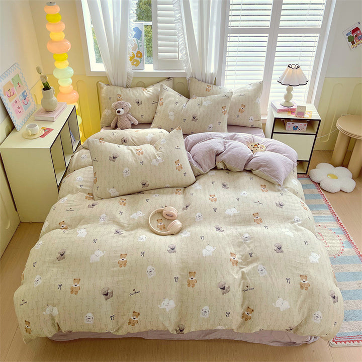 Cotton Gauze Quilted Duvet Cover and Pillowcase Set with Vintage Floral Bunny Print
