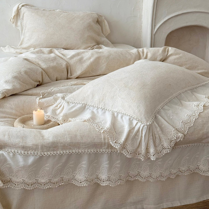 Linen-Feel Leaf-Print Duvet Cover Set with Embroidered Lace Flounce & Deep-Pocket Bedskirt