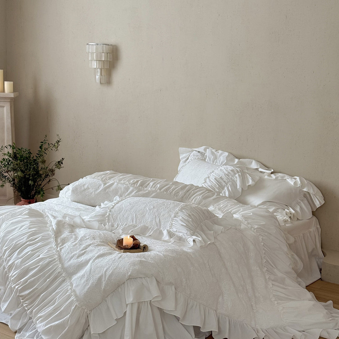 Boho Cotton Eyelet Embroidered Ruffled Duvet Cover Set with Hidden Closure & Frilled Shams