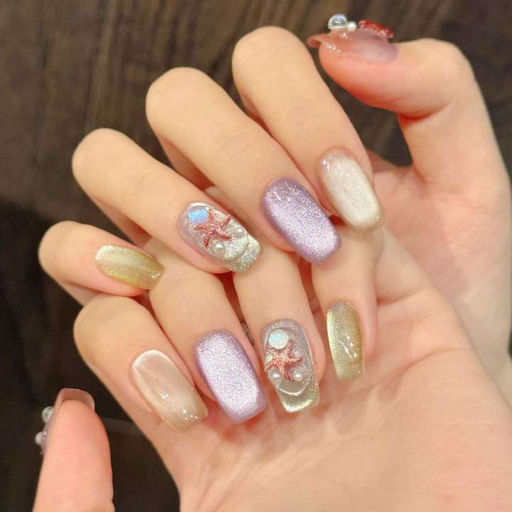 Creative Press-On Nail Art Set with Glitter and Starfish Design