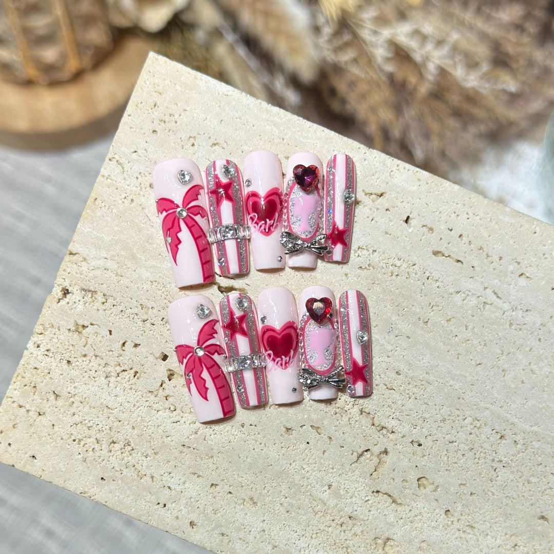Artistic Press-On Nail Set with Playful Heart and Palm Designs Stornfield