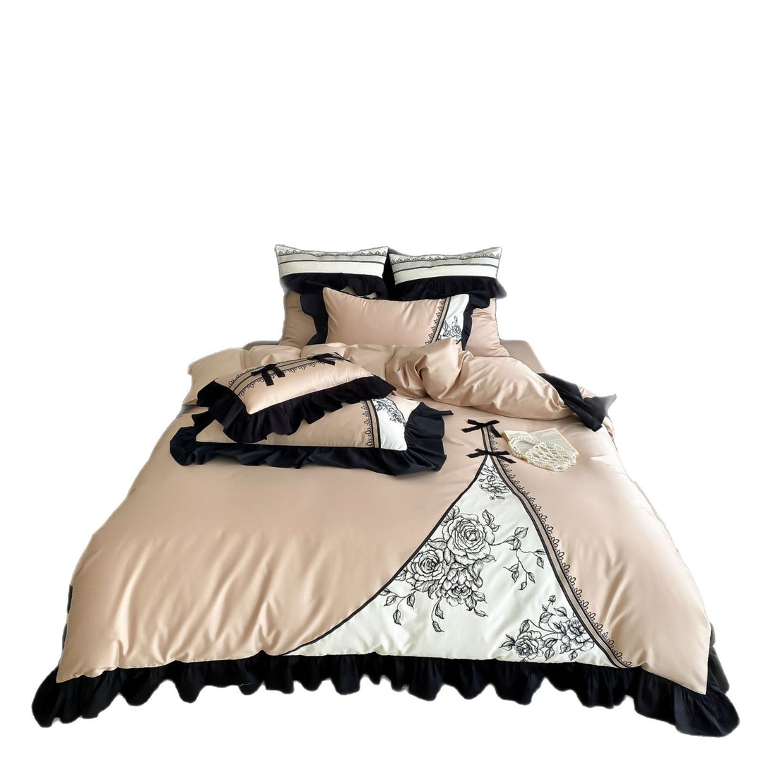 Rose-Embroidered Ruffled Corner Panel Duvet Cover Set with Contrast Satin Trim and Pillow Shams