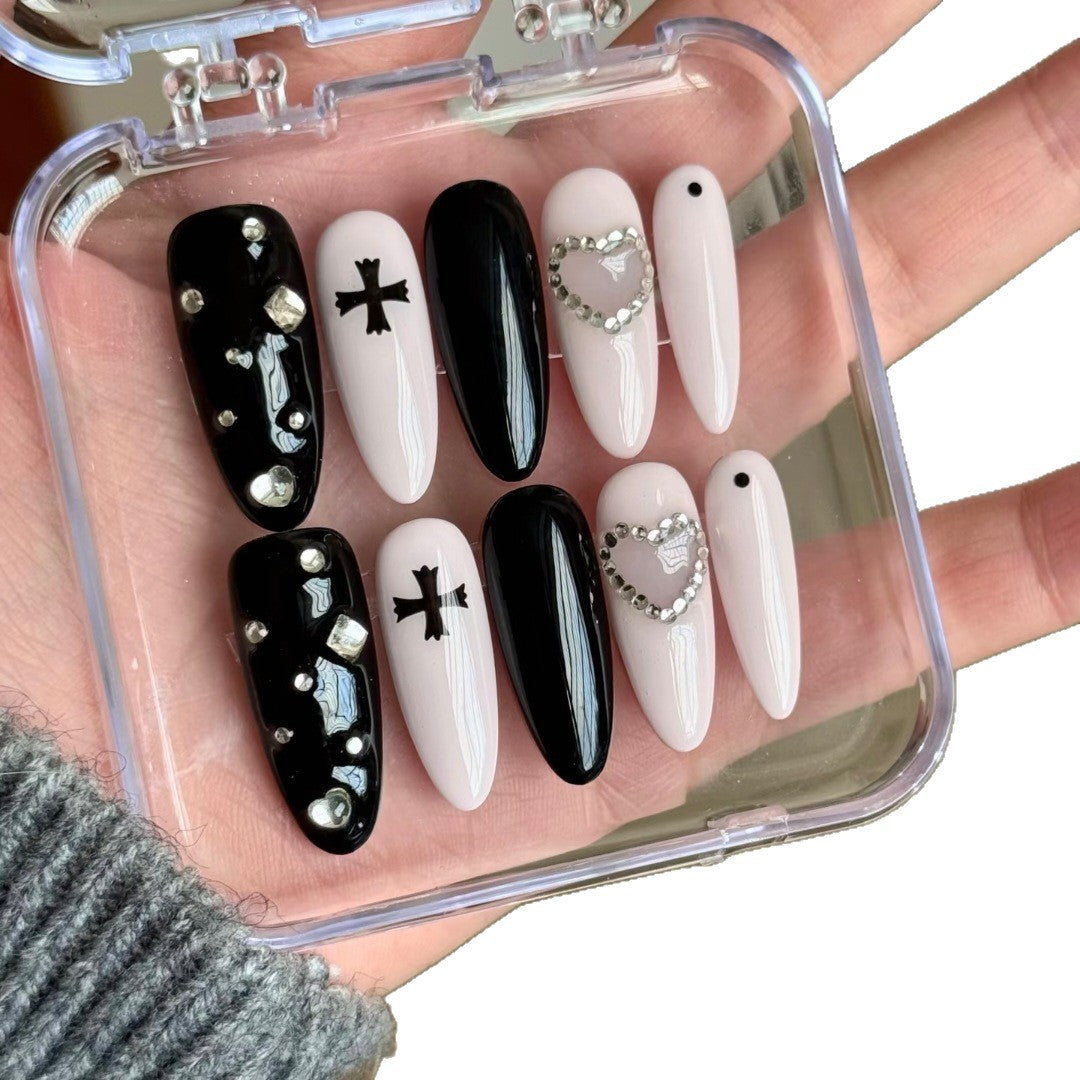Decorative Press-On Nail Art Set with Crystal and Gothic Accents