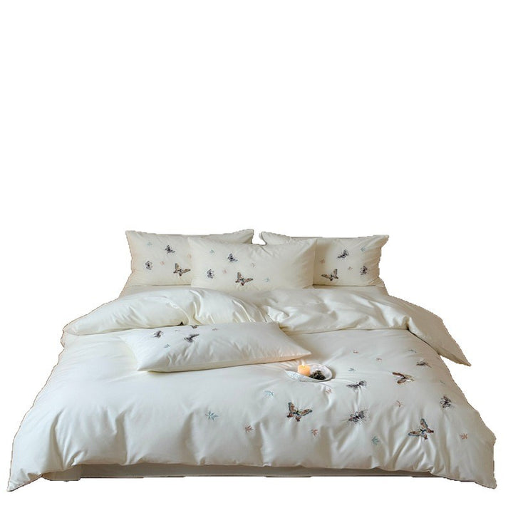 Embroidered Butterfly Cotton Sateen Duvet Cover and Pillowcase Set