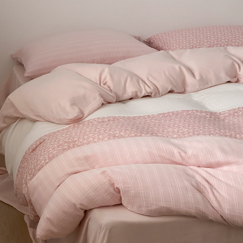 Luxurious cotton satin bedding set with striped and floral patchwork