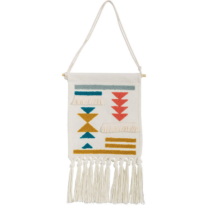 Boho wall hanging made of woven cotton with hand-tufted appliqués and fringes Stornfield