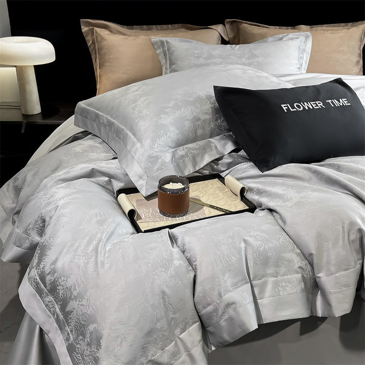 Luxurious cotton satin bedding set with jacquard relief and contrast piping