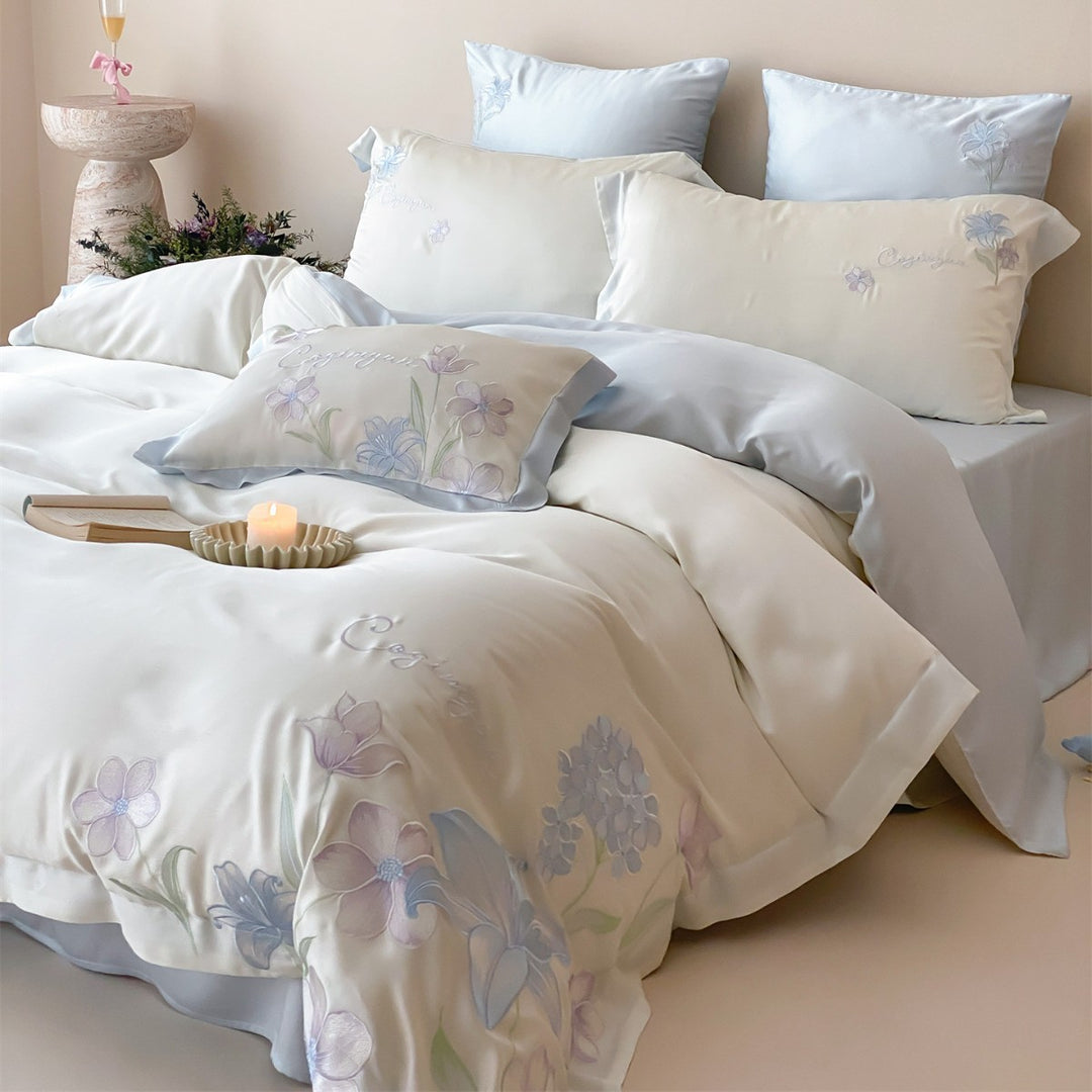 Botanical Embroidered Satin-Blend Duvet Cover Set with Pillow Shams