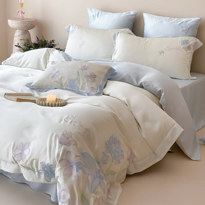Botanical Embroidered Satin-Blend Duvet Cover Set with Pillow Shams