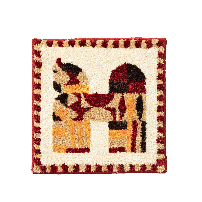 Hand-tufted decorative rug square with folk-style horse motif
