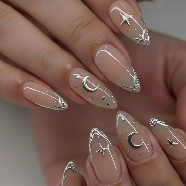 Glamorous artificial nails with elegant star and moon symbols Stornfield