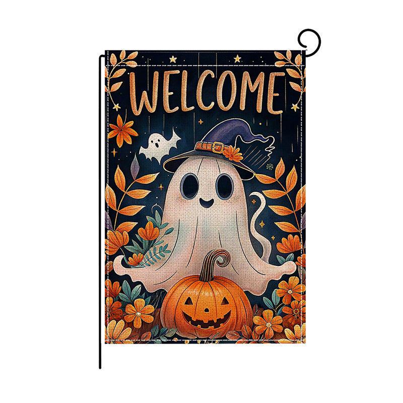 Decorative Double-Sided Halloween Garden Flag with Skeleton Pumpkin and Rose Illustration