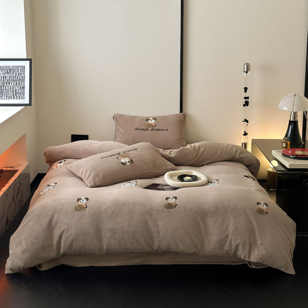 Cotton Percale Embroidered Puppy Duvet Cover and Pillowcase Set