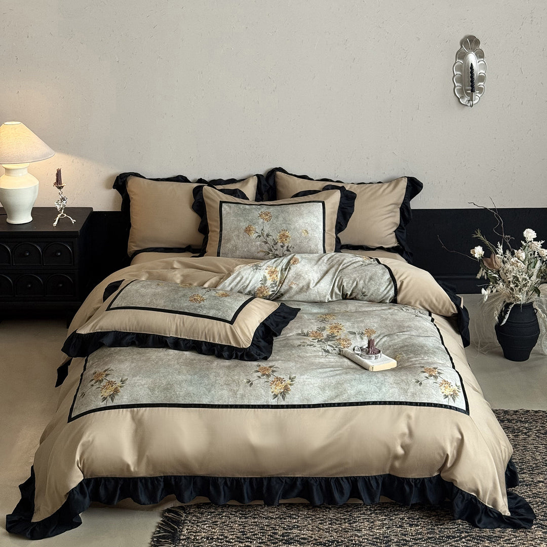 High-quality cotton bedding set with floral panel, decorative ruffle