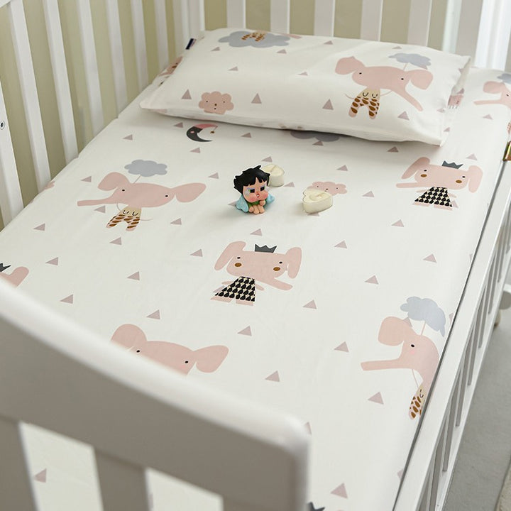 Baby Fitted Sheet Set for Crib with Elephant Print made of Breathable Muslin