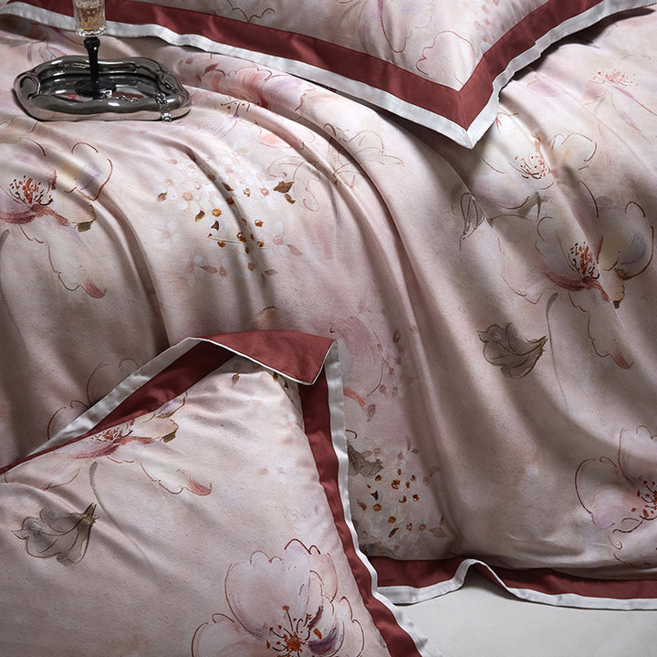 Fine woven satin bedding set with watercolor floral print, satin edge & hotel closure