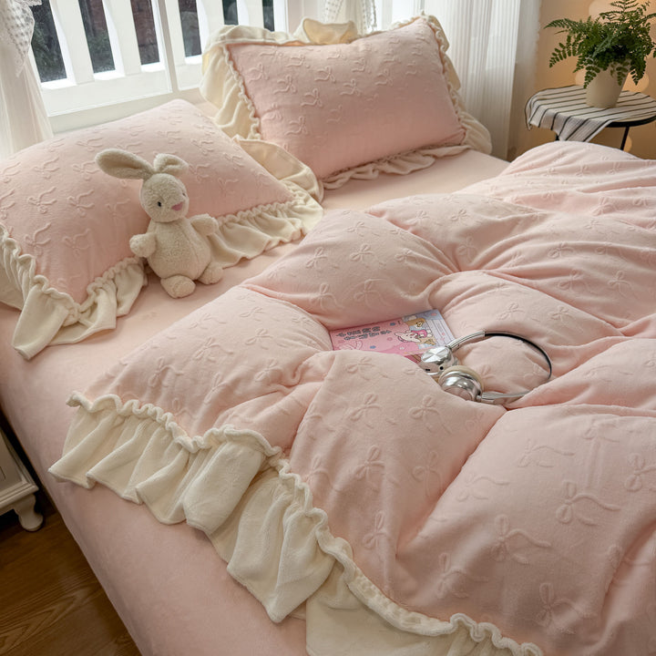 Embroidered Plush Quilted Duvet Comforter Set with Ruffled Skirt