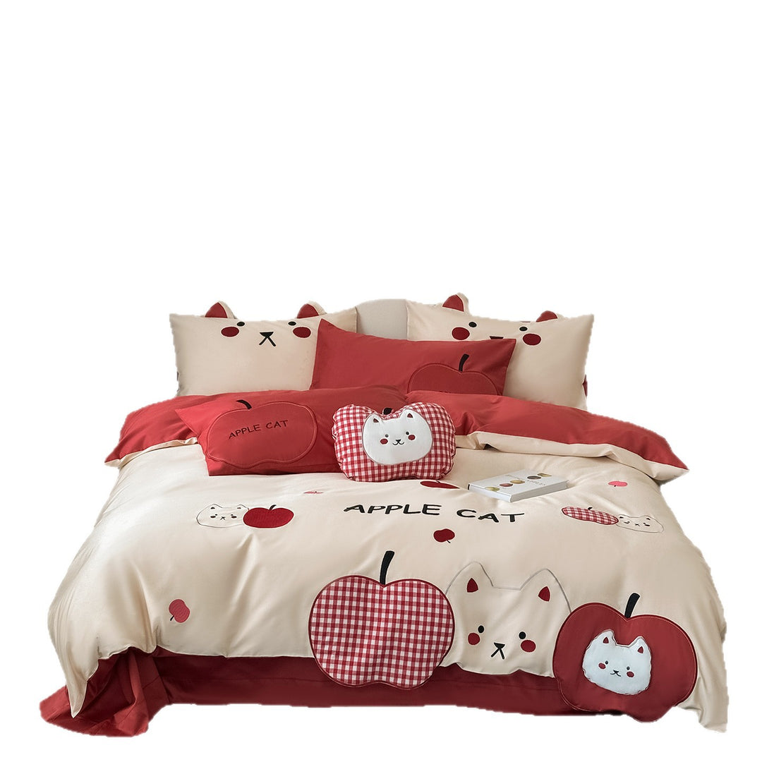 Children's bedding set with apple cat appliqués and quilted decorative pillowcase Stornfield