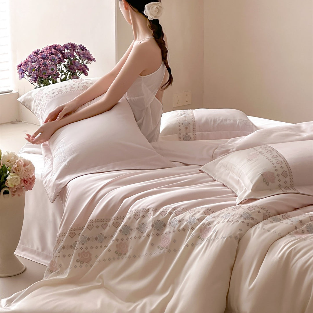 Silky Sateen Embroidered Floral Duvet Cover Set with Decorative Border Pillowcases