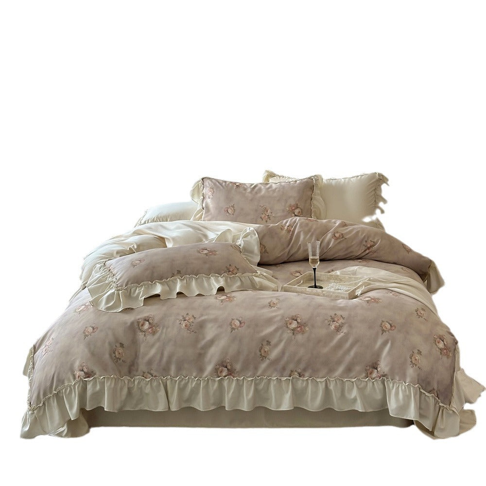 Vintage Ruffled Floral Duvet Cover Ensemble with Pillow Shams