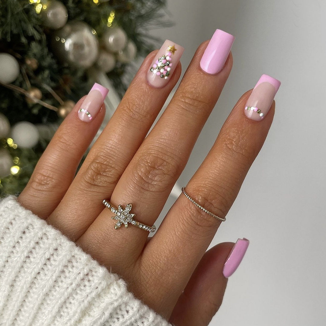 Artificial nail set with festive Christmas tree design and glitter decorations Stornfield