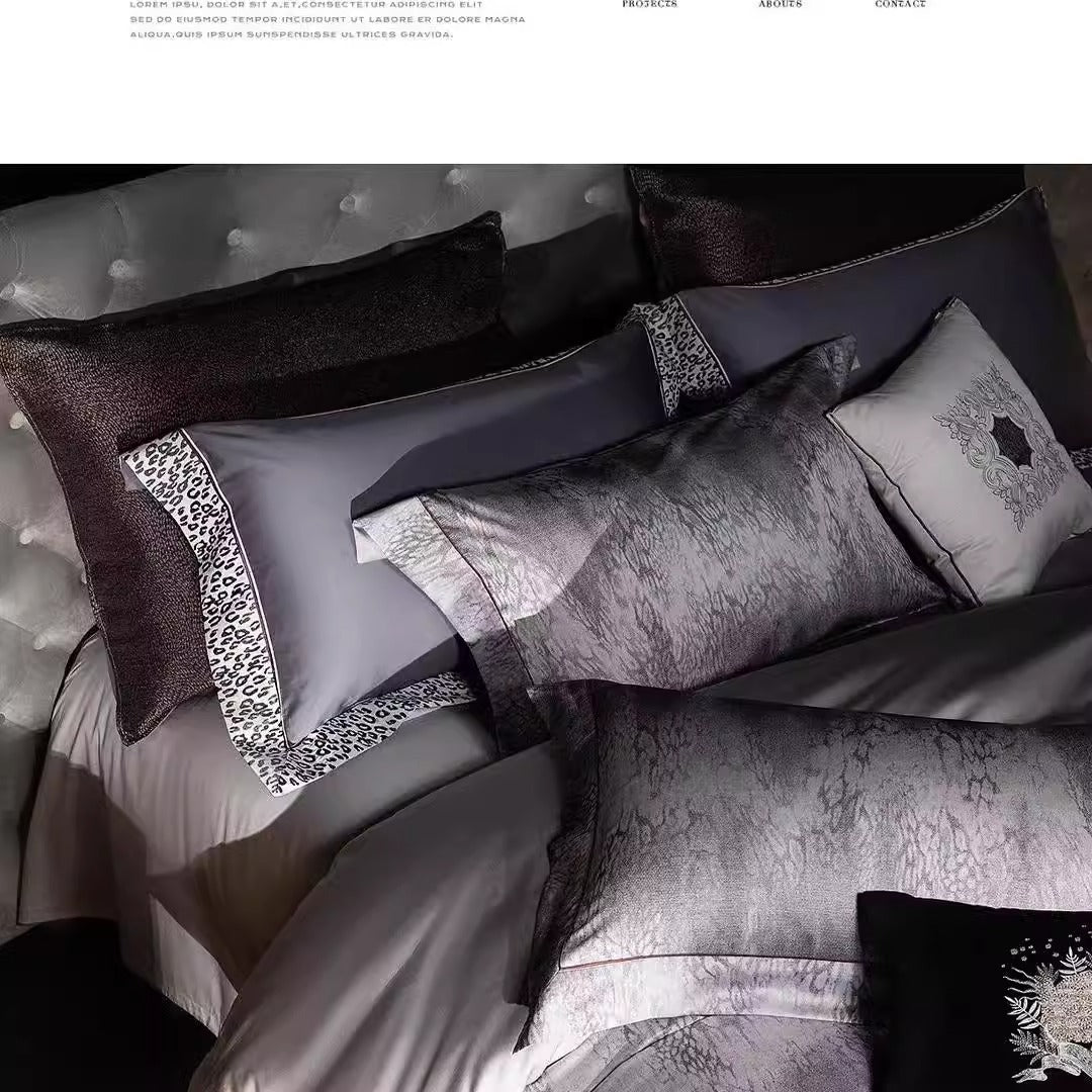 Luxury Satin-Feel Reversible Marble-Texture Duvet Cover Set with Embroidered Accent Pillow