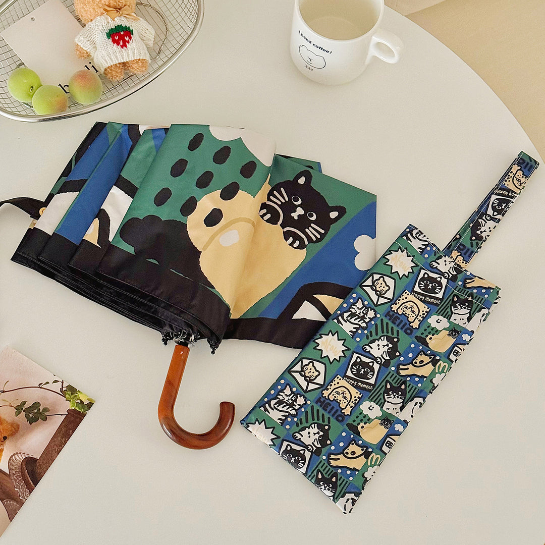 Women's Foldable Umbrella with Playful Cat Pattern Stornfield