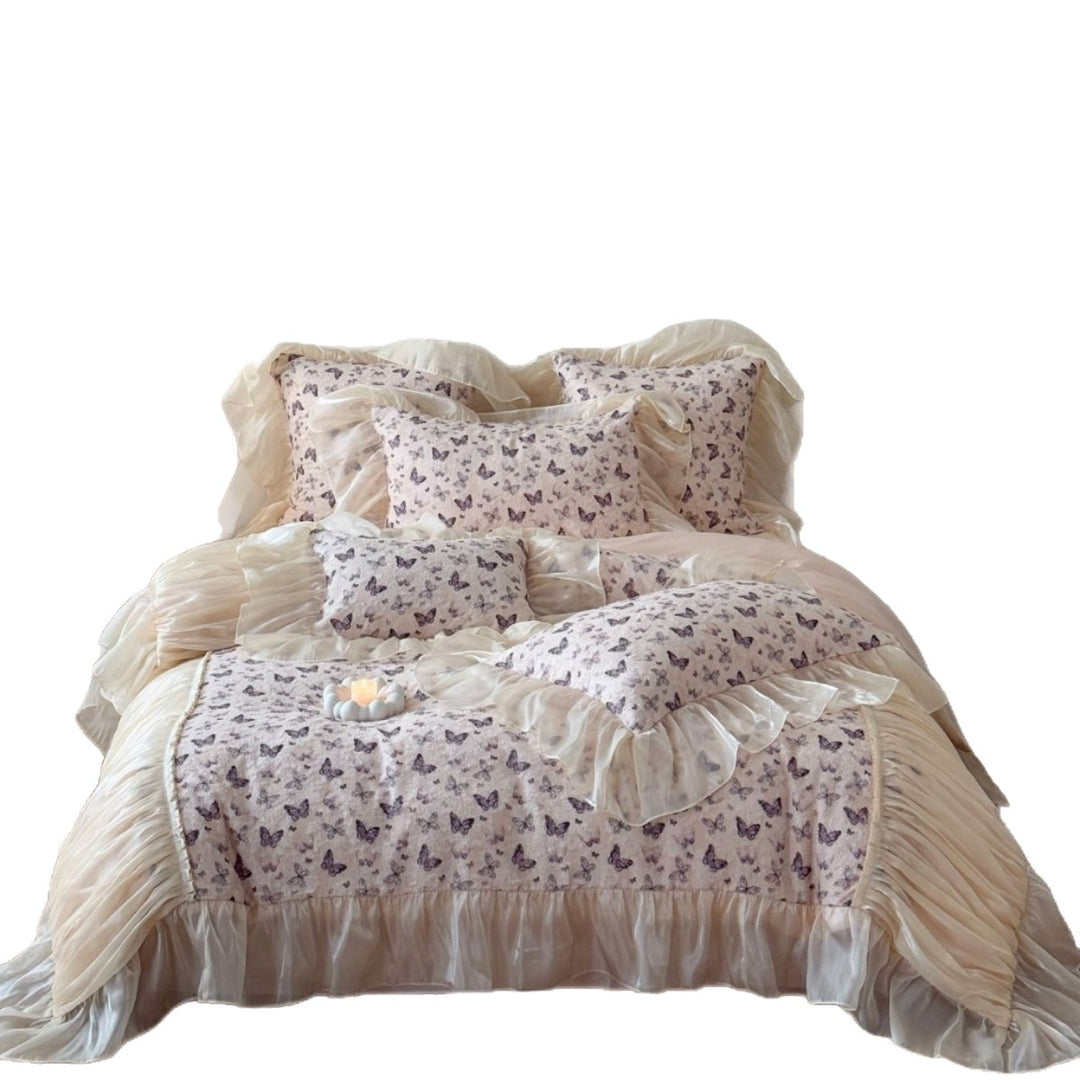 Romantic bedding set made of cotton satin with butterfly print, frill and chiffon ruffles