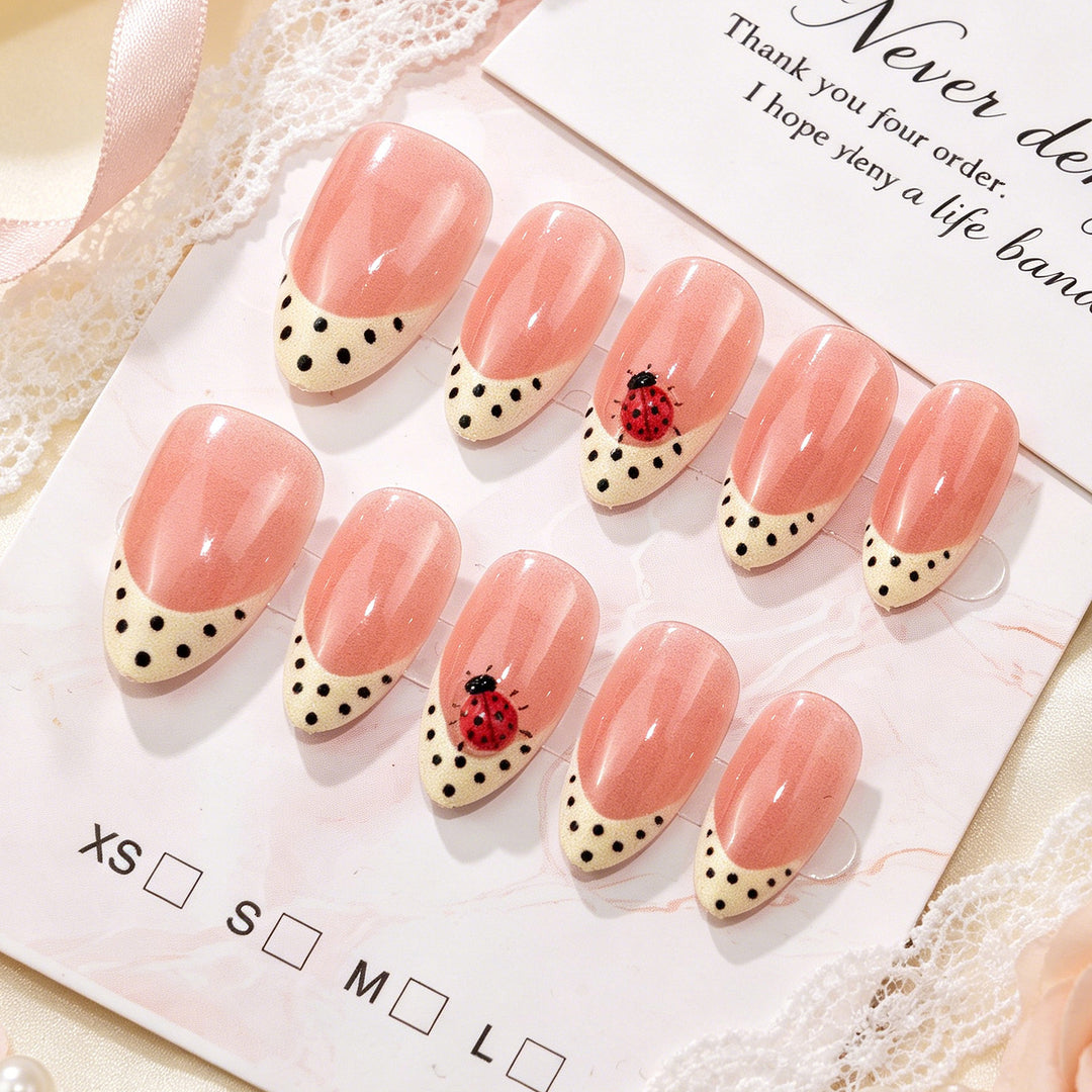 Artistic Press-On Nail Set with Ladybug and Polka Dot Design Stornfield